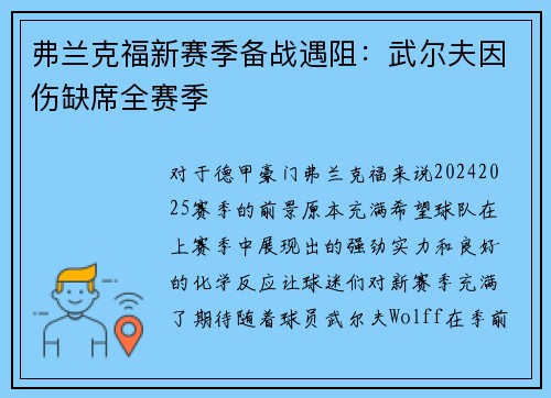 弗兰克福新赛季备战遇阻：武尔夫因伤缺席全赛季